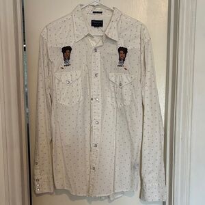 White Button-Up Shirt with Embroidered Design